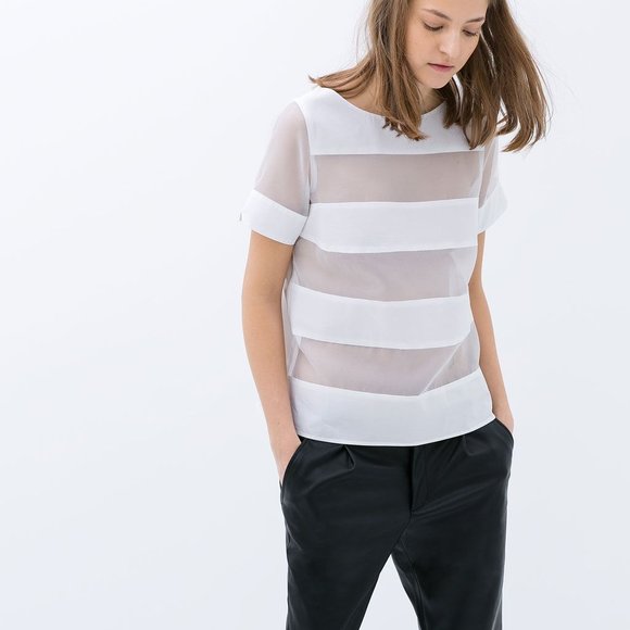 Zara Striped Poplin Organza Top White S - Picture 2 of 7